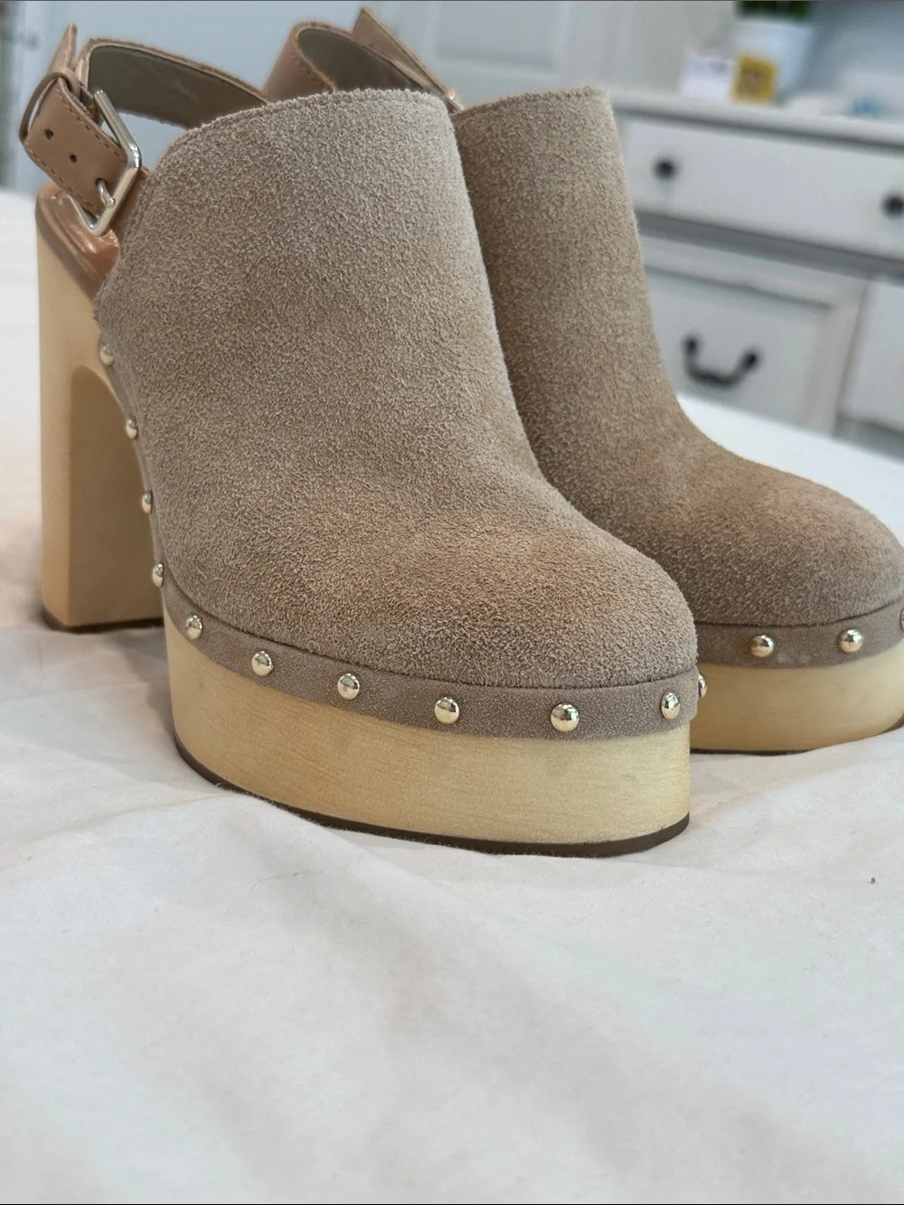 Vince Camuto Taupe Suede Studded Platform Slingbacks